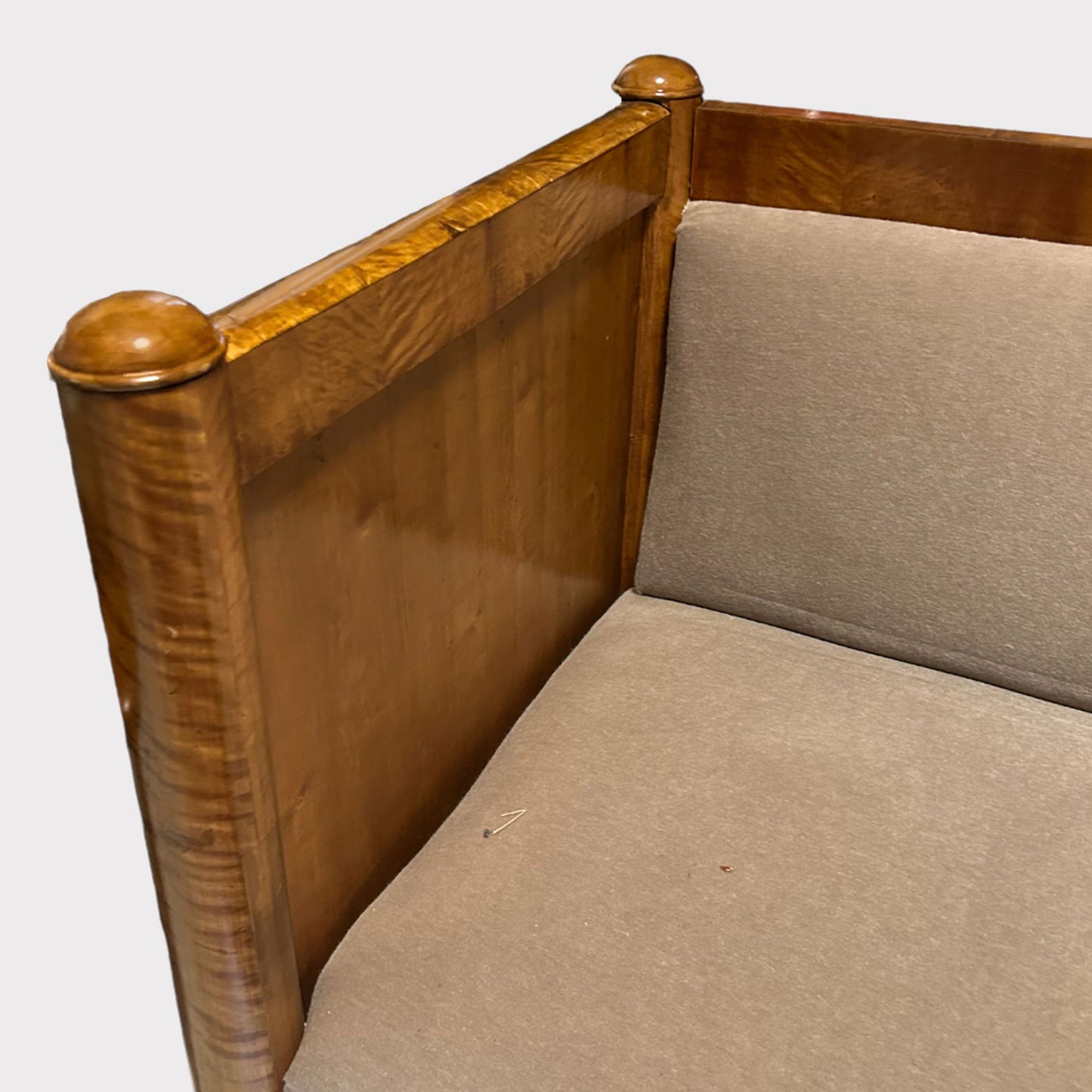 arm view of Antique Curly Maple German Biedermeier Sofa
