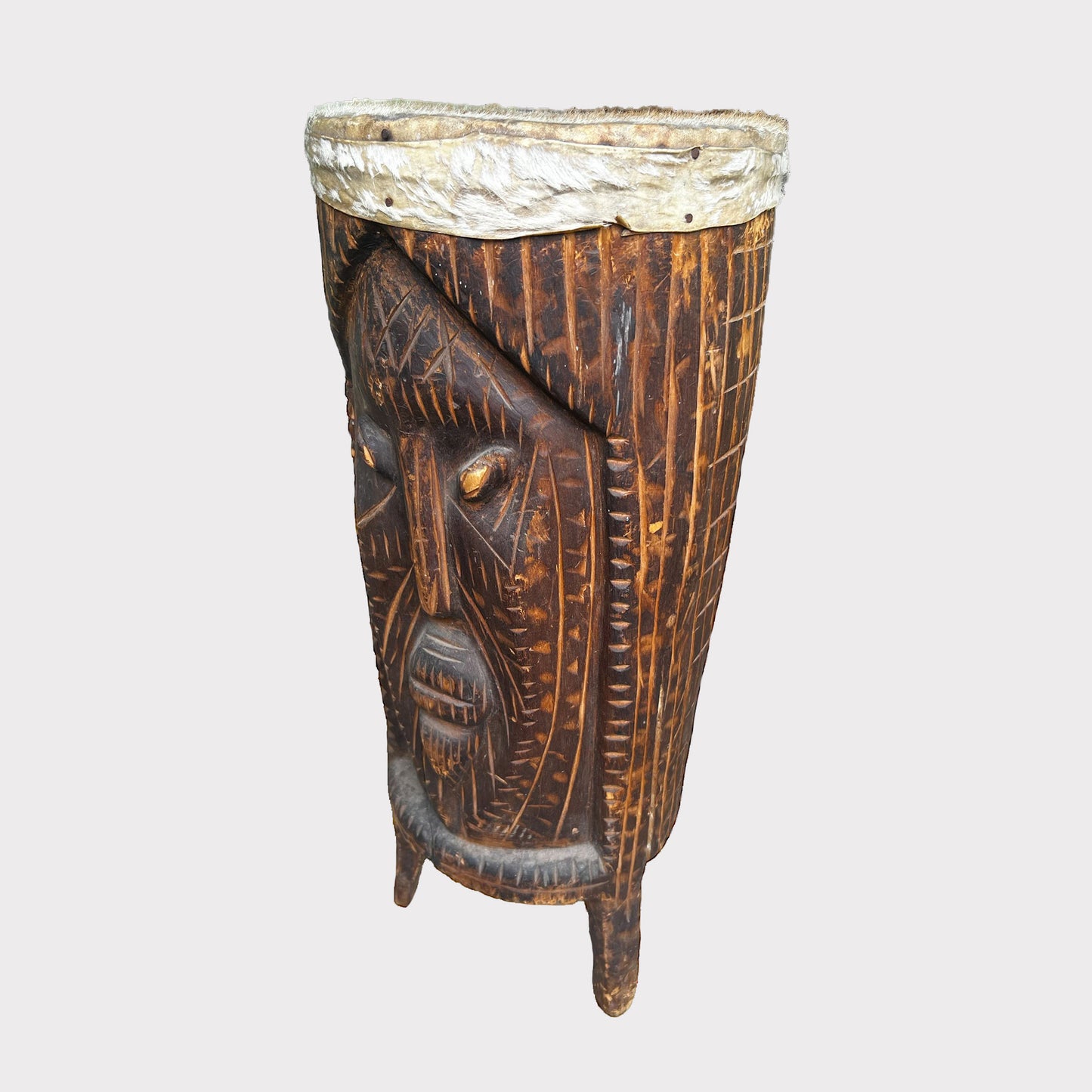 side view of West African Ceremonial Goat Skin Carved Drum