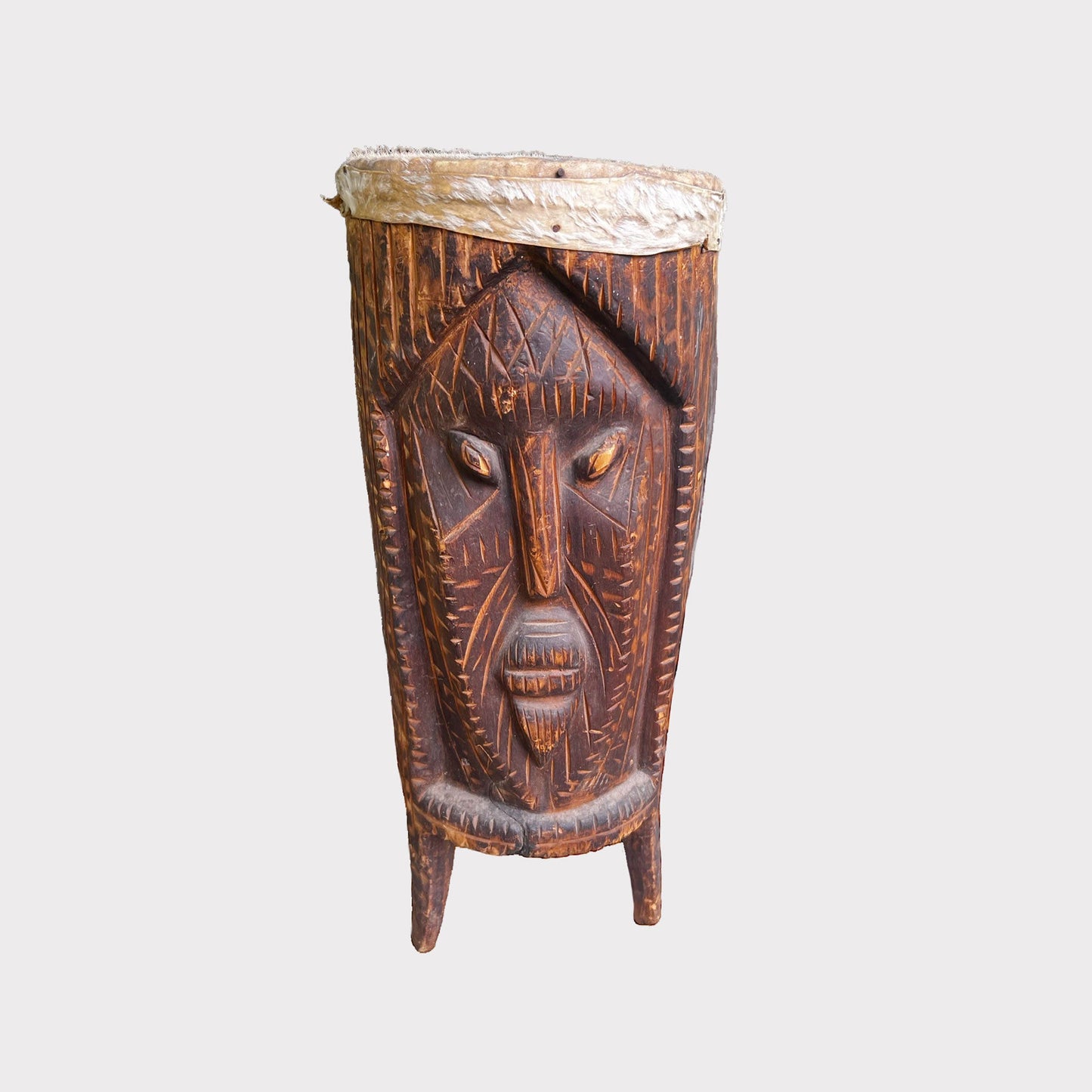 West African Ceremonial Goat Skin Carved Drum