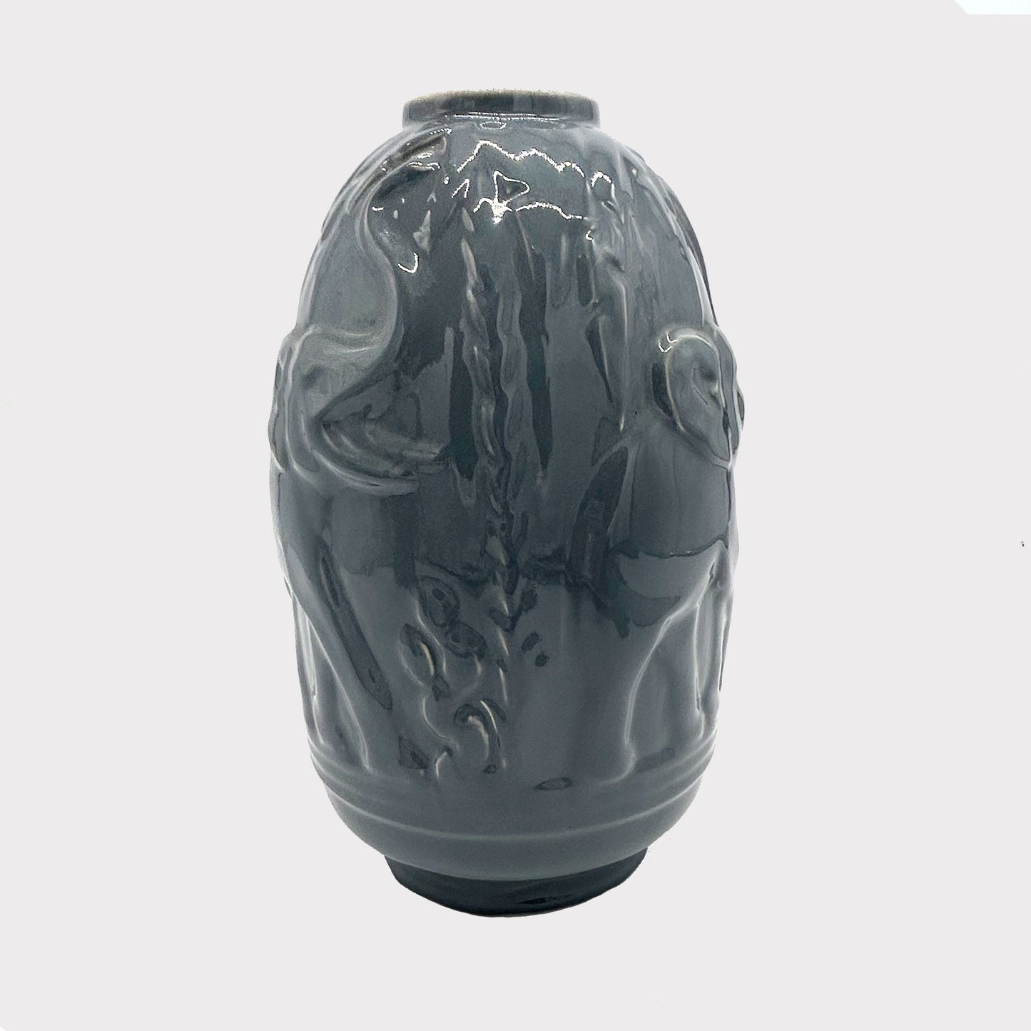 side view of Art Deco Vase glazed in gray color with Elephant detail