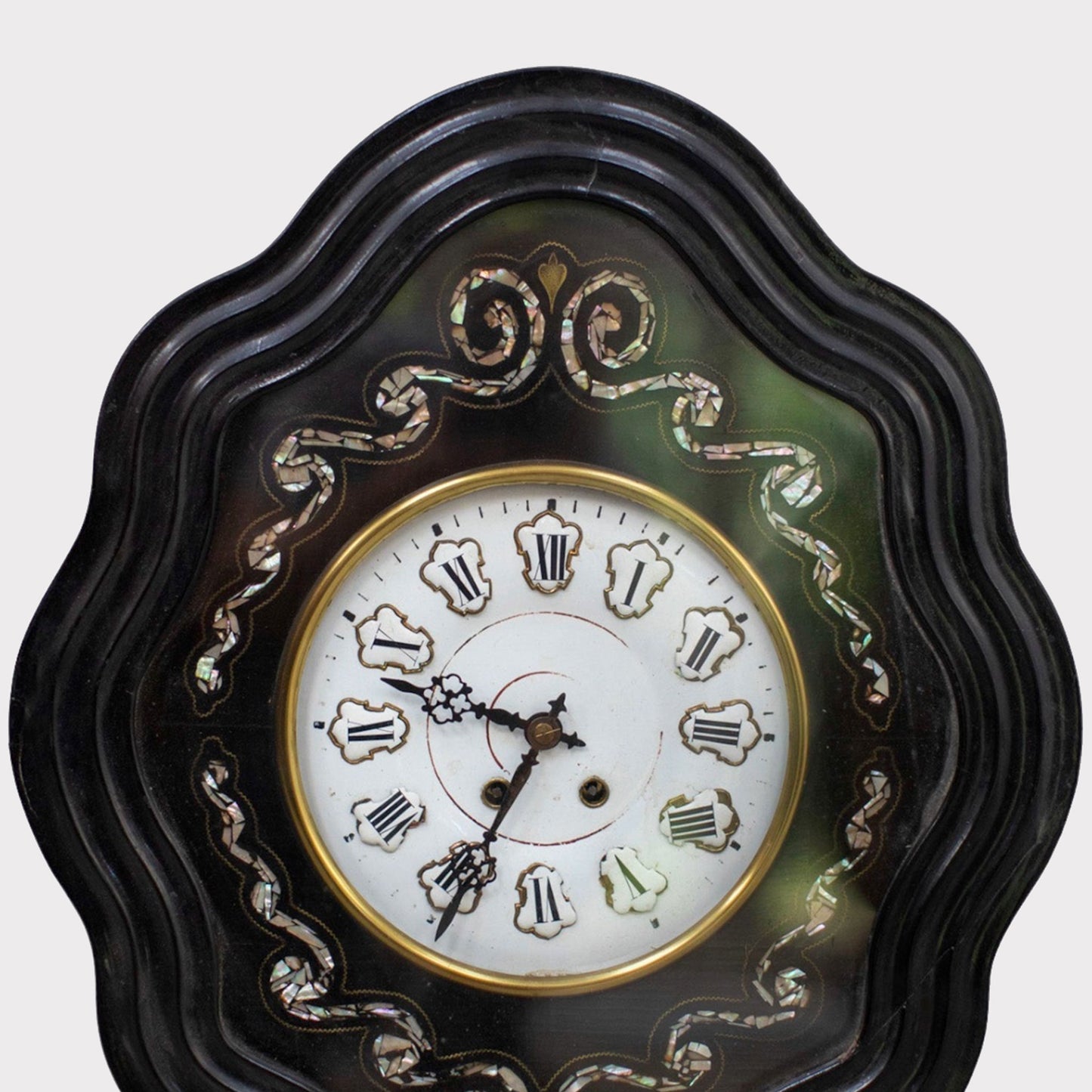 dial close up view of French Clock with Inlaid Mother of Pearl Design