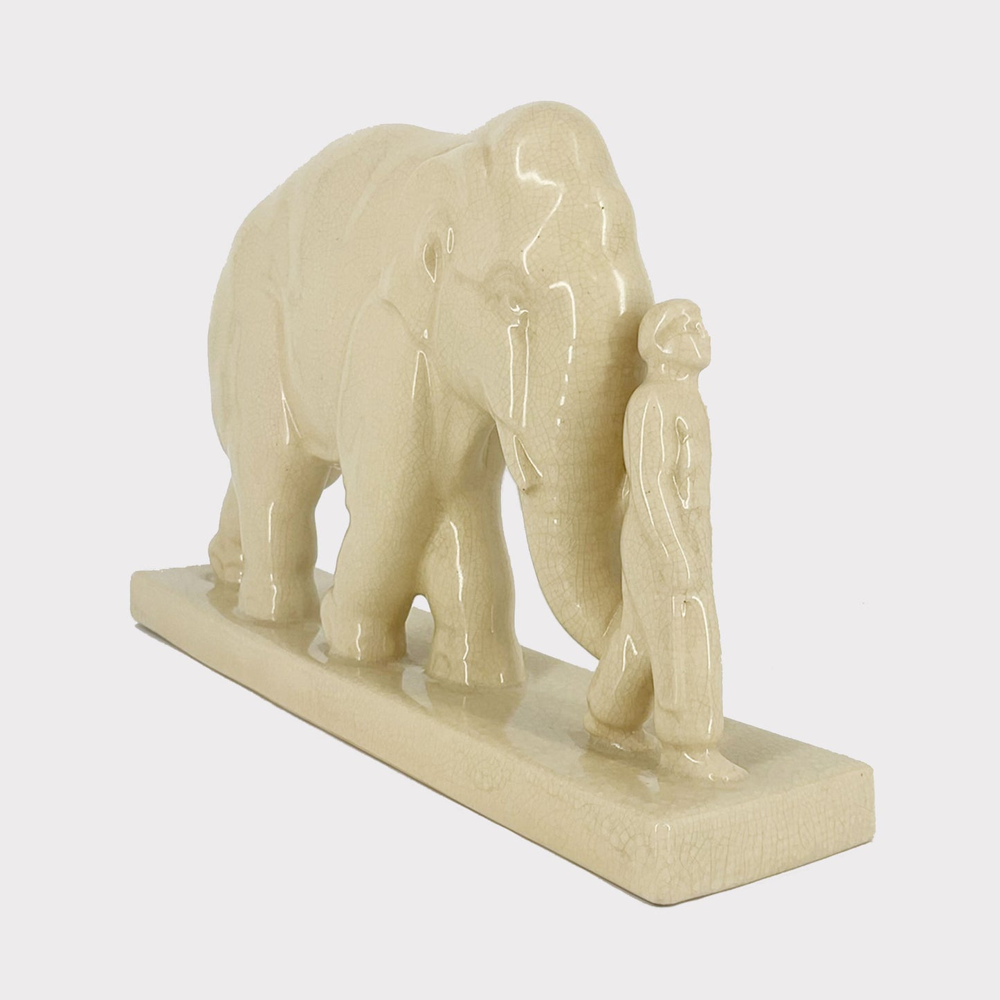 front view of Ivory Ceramic Elephant with Keeper Large Figurine