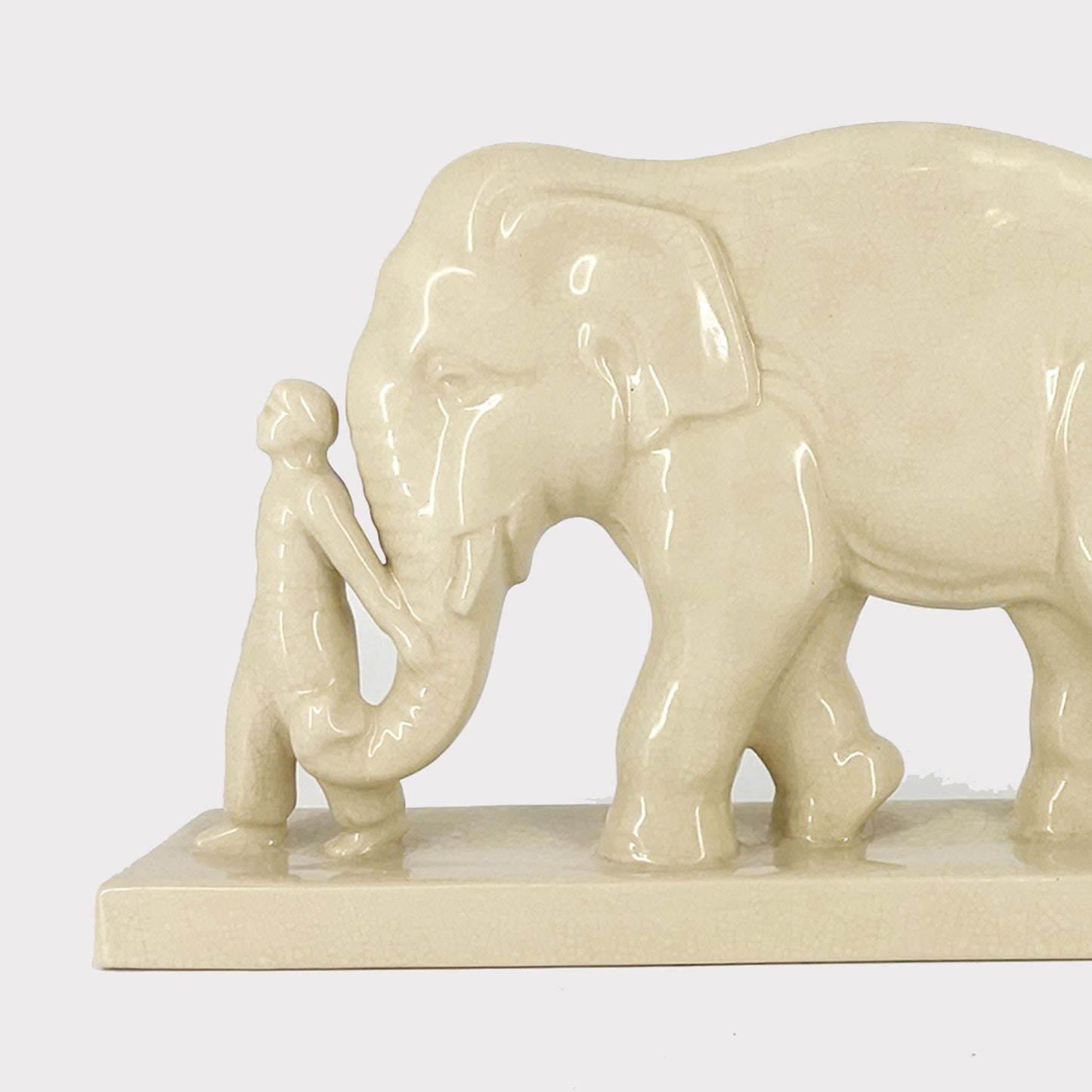 Ivory Ceramic Elephant with Keeper Large Figurine