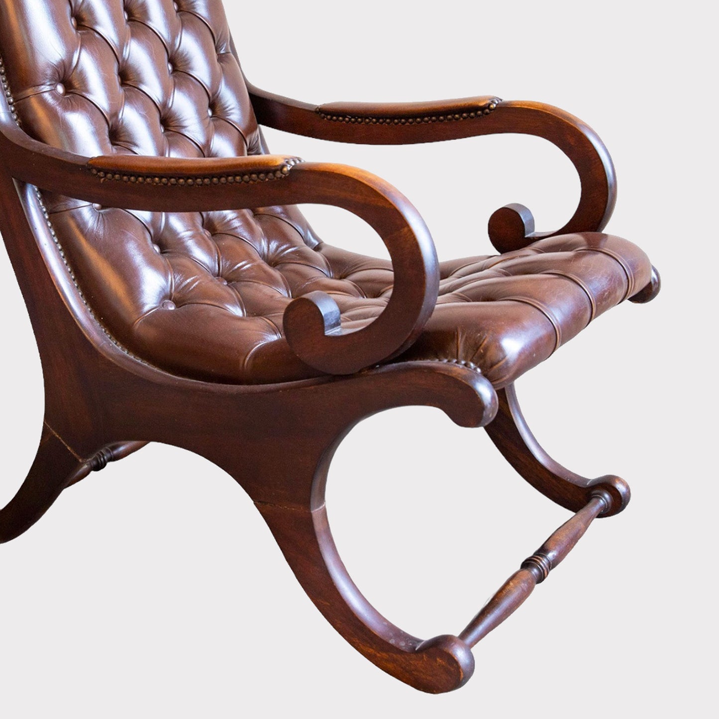 close up of French Chesterfield Chair with Brown Leather