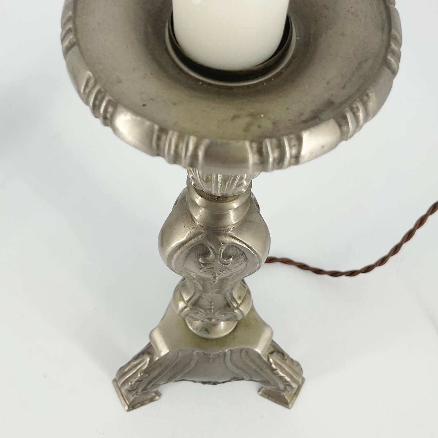 top view image of Pair of Antique Pewter Candlestick Lamps