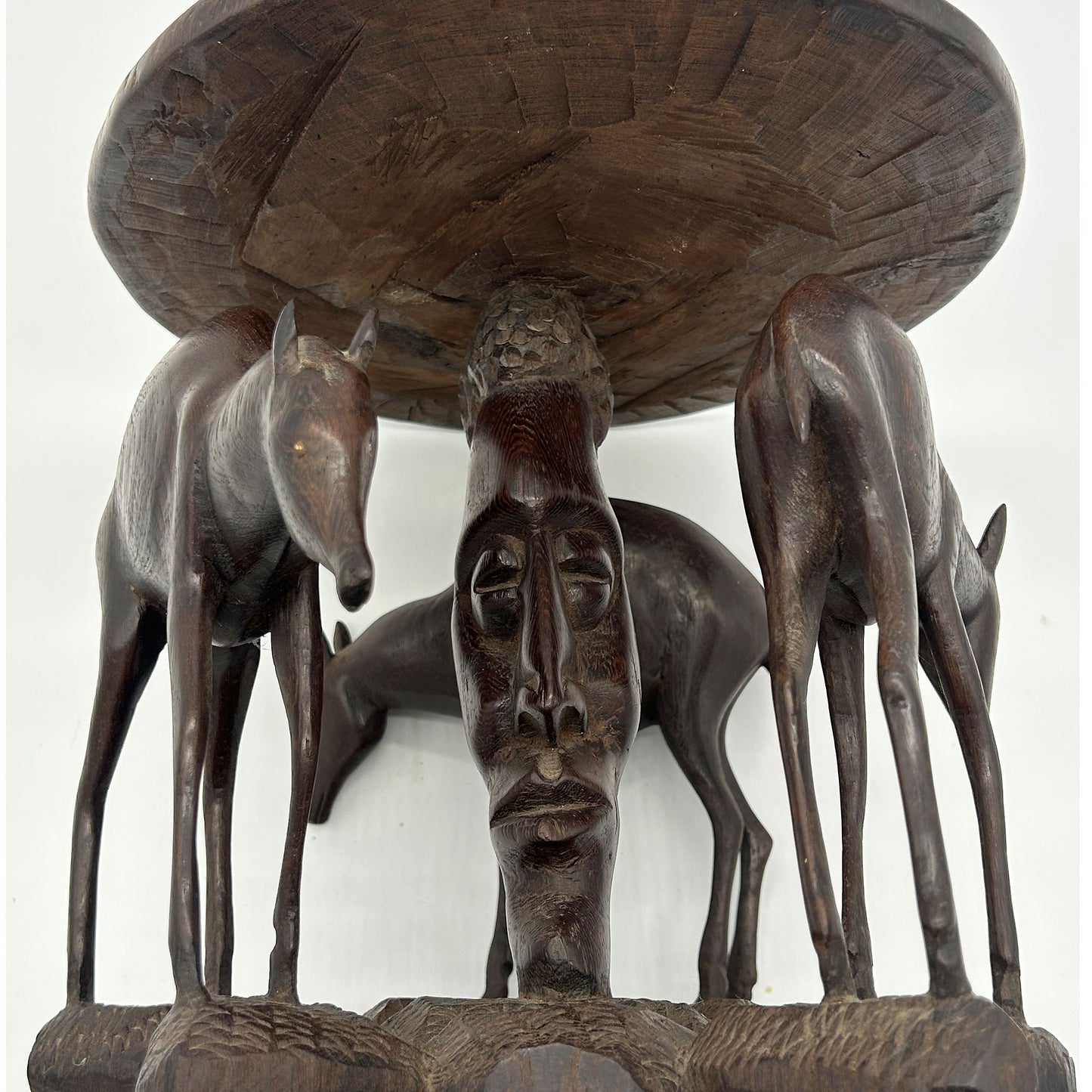 close up base view of African Carved Hardwood Figural Small Table