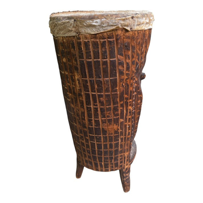 back view of West African Ceremonial Goat Skin Carved Drum