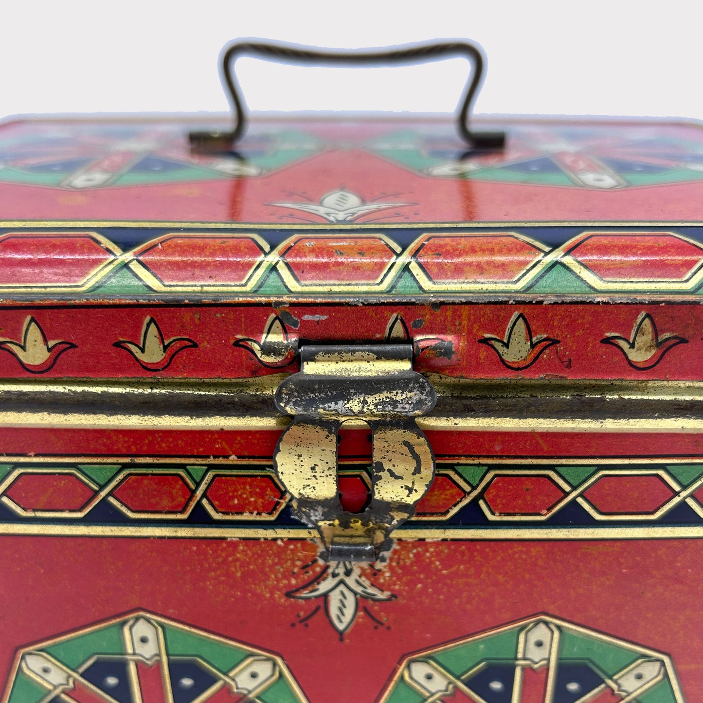 close up of Belgian Art Deco Biscuit Tin
