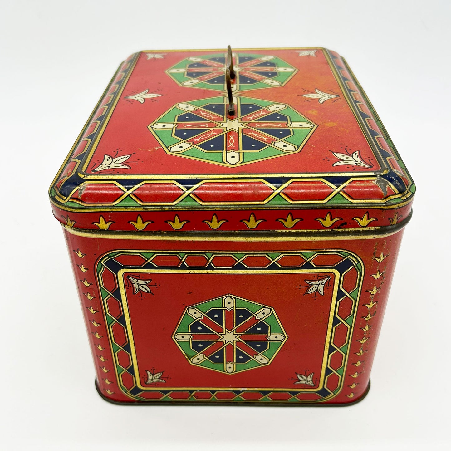 side view of Belgian Art Deco Biscuit Tin