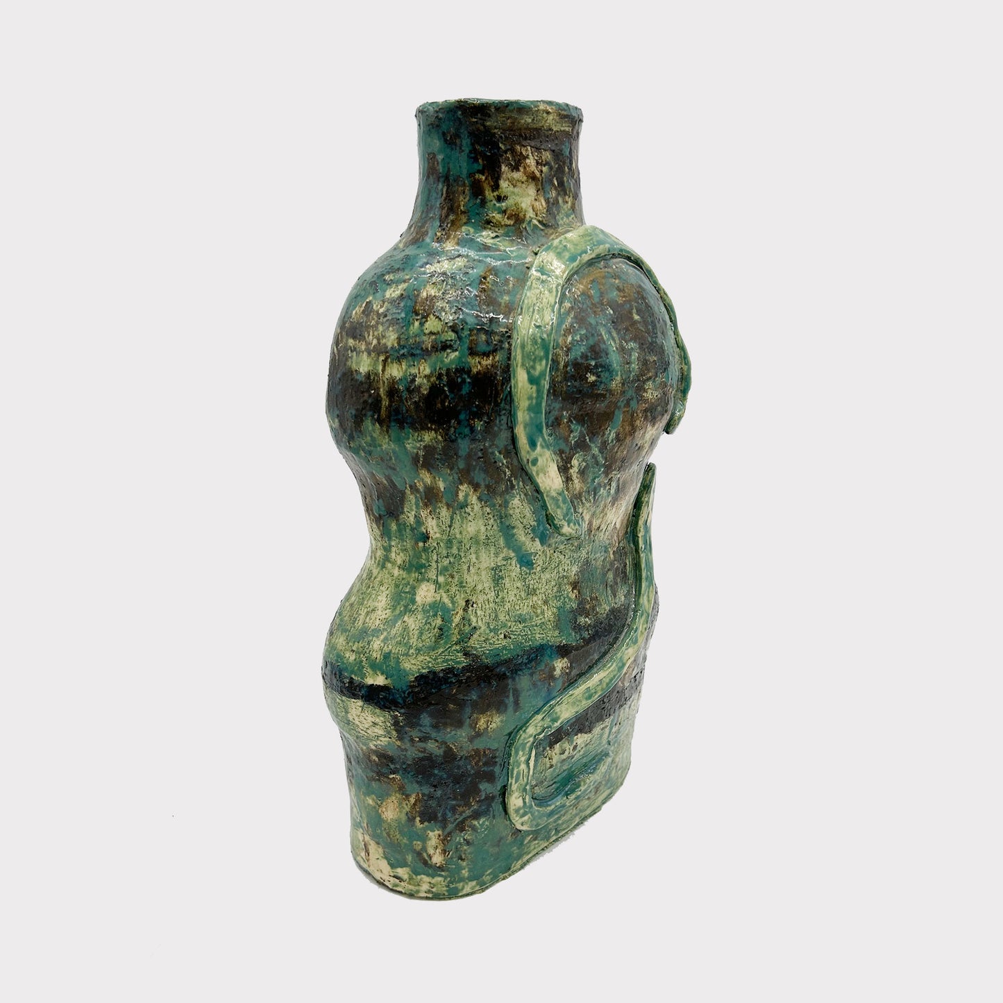 side view of Rustic handmade pottery Vase with a snake wrapping around it