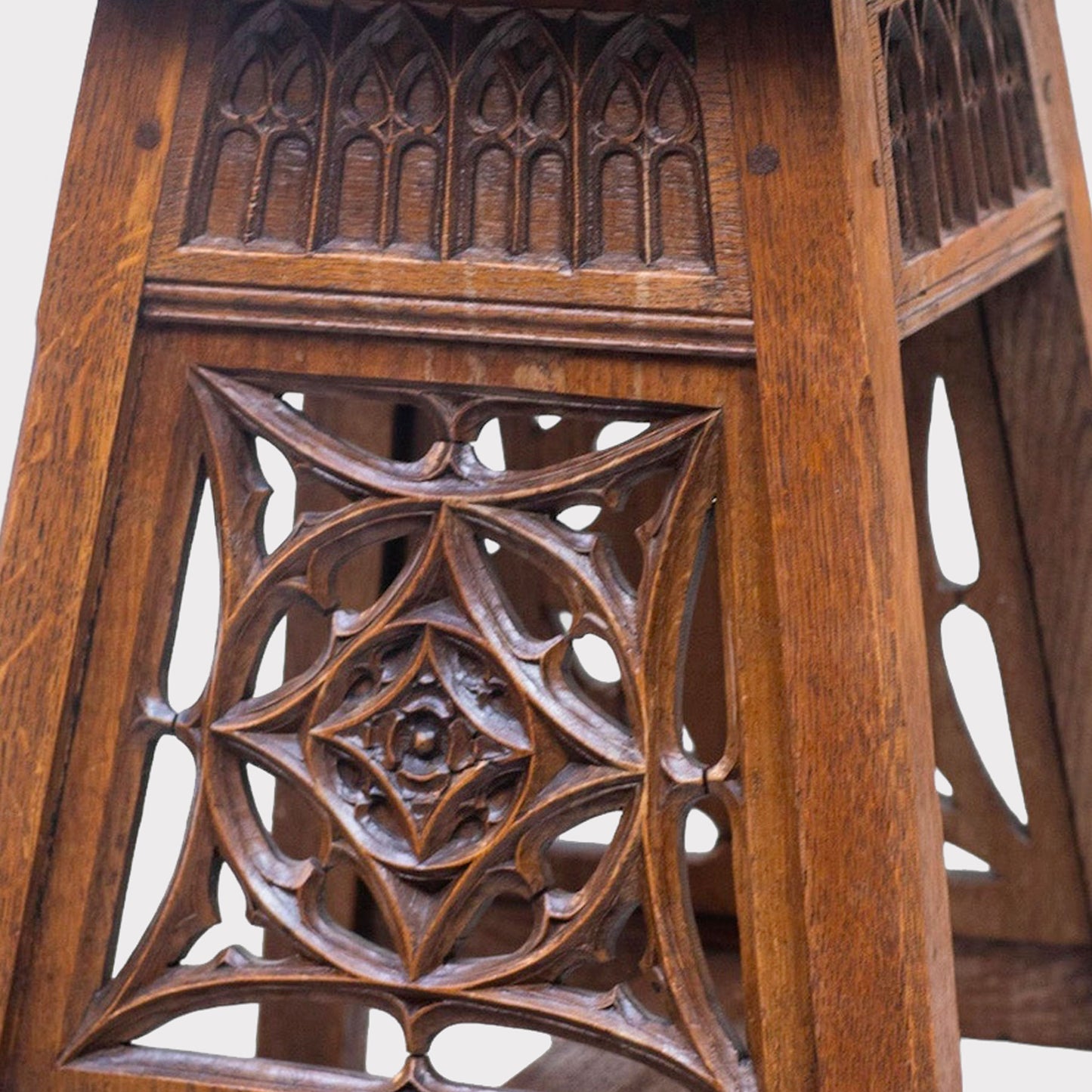 more carving close up of Belgian Neogothic Oak Stool