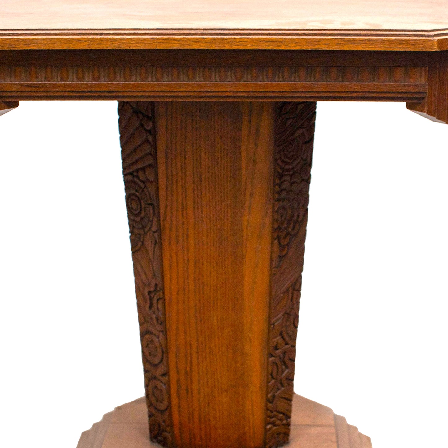 carving detail of German Floral Carved Oak Art Deco Side Table