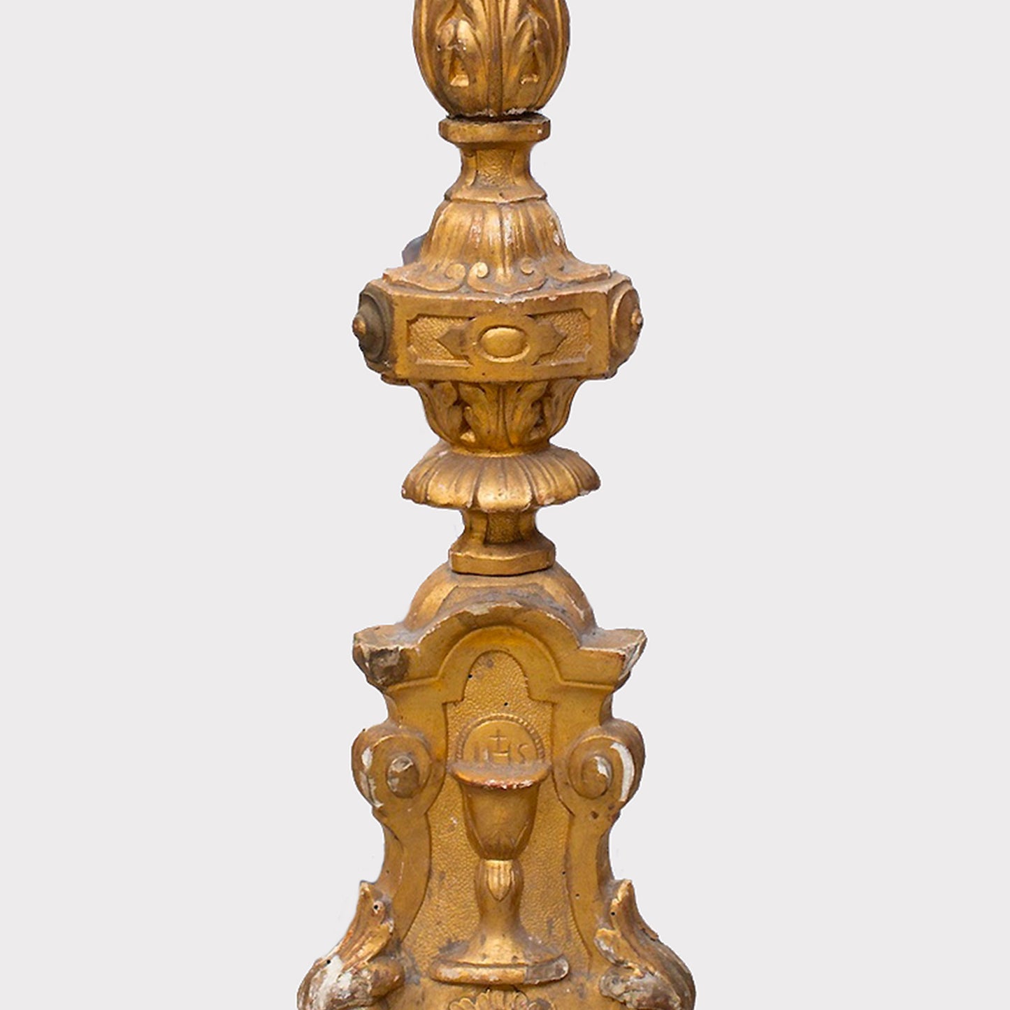 close up of Antique Belgian Baroque Style Gilded Candlestick