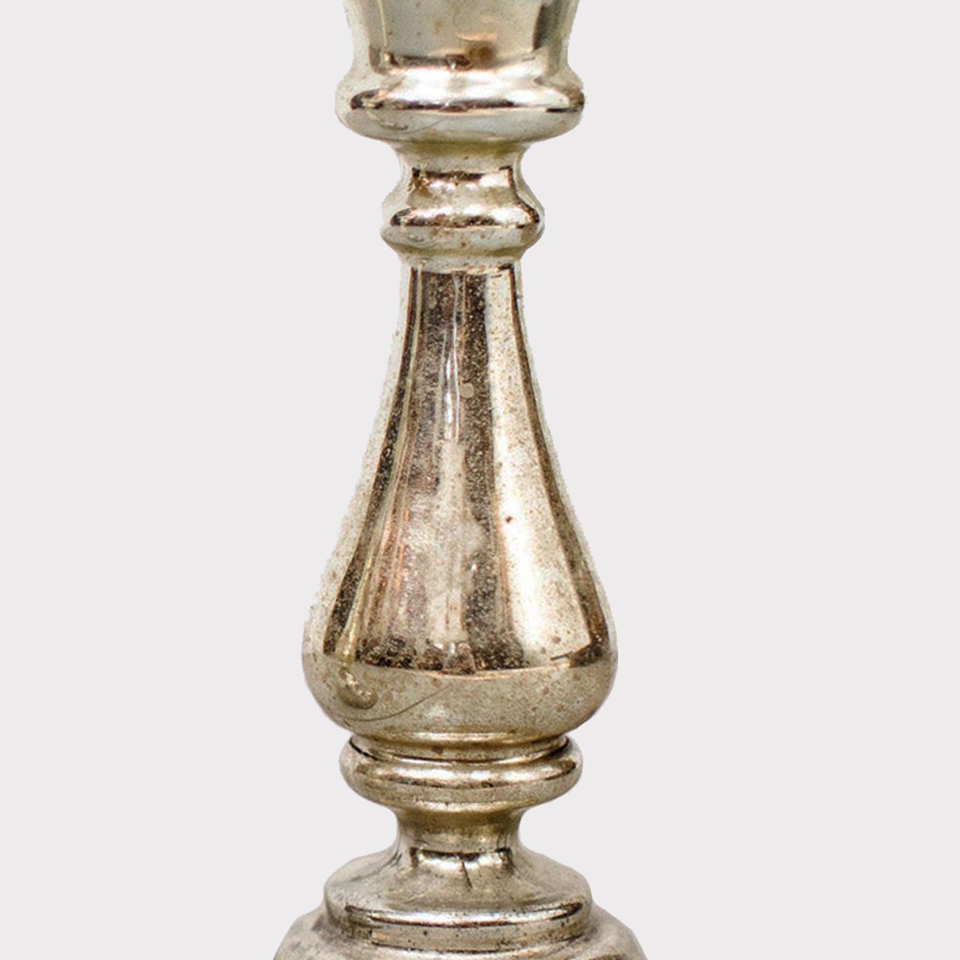 close up view of Antique English Mercury Glass Candlestick Pair