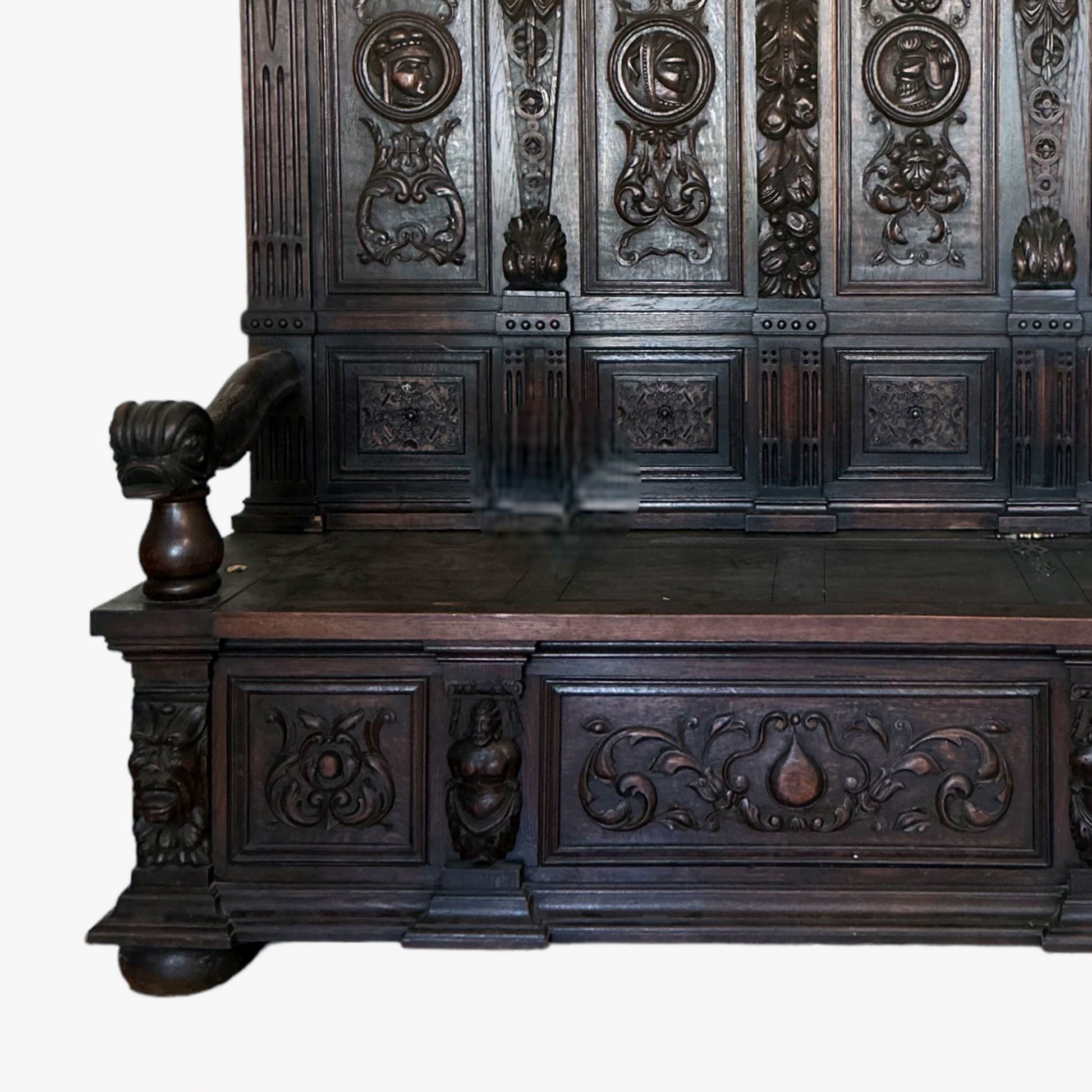 close up view of Carved Neogothic Oak High Back Storage Bench