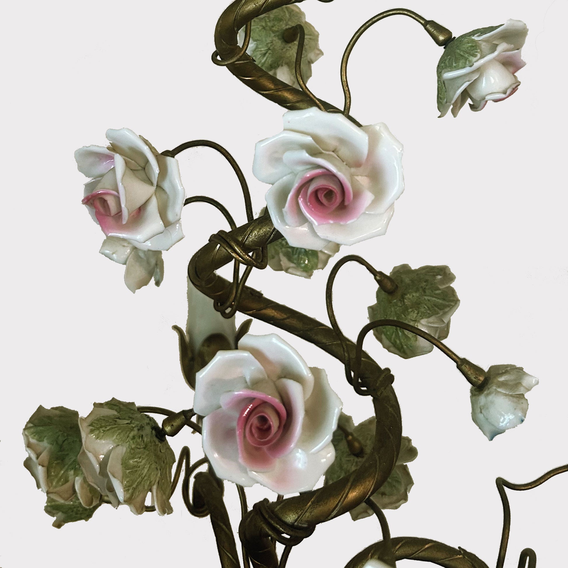 porcelain rose detail of Vintage Italian Porcelain Rose and Metal Chandelier