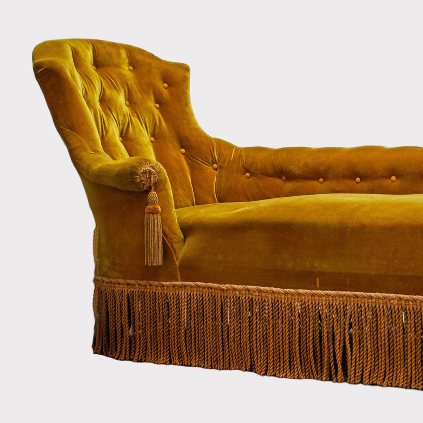 close up of Vintage French Chaise Lounge in Mustard Velvet
