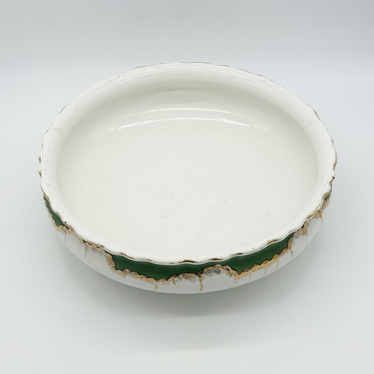 top rim view of Vintage Royale Belgium Nimy Porcelain Bowl, green & gold pattern