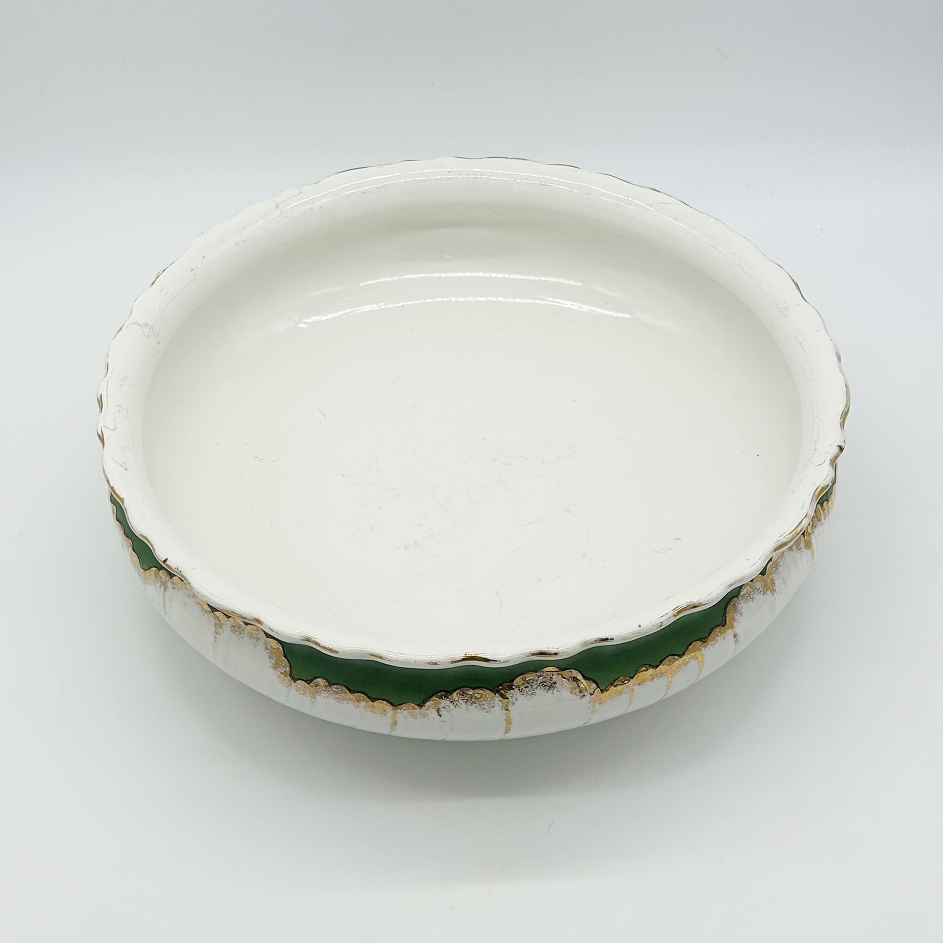 top rim view of Vintage Royale Belgium Nimy Porcelain Bowl, green & gold pattern