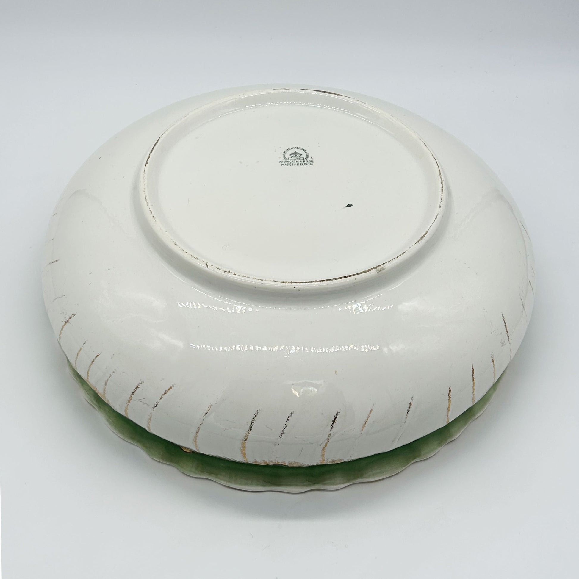 bottom view of Vintage Royale Belgium Nimy Porcelain Bowl, green & gold pattern