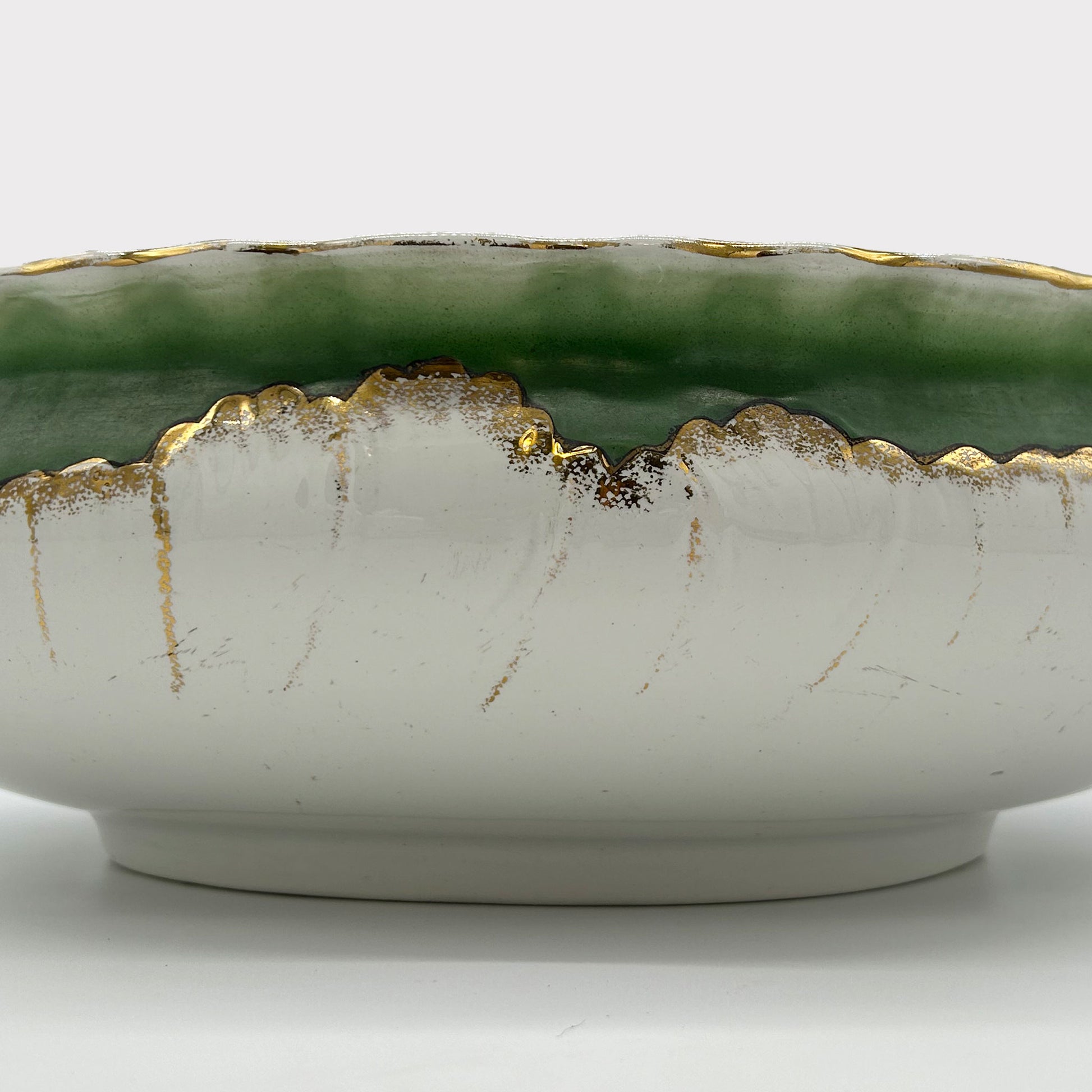 glaze close up of Vintage Royale Belgium Nimy Porcelain Bowl, green & gold pattern