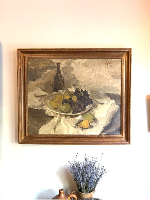 Belgian Mid-Century Still Life with Fruit &amp; Wine Bottle, 1959