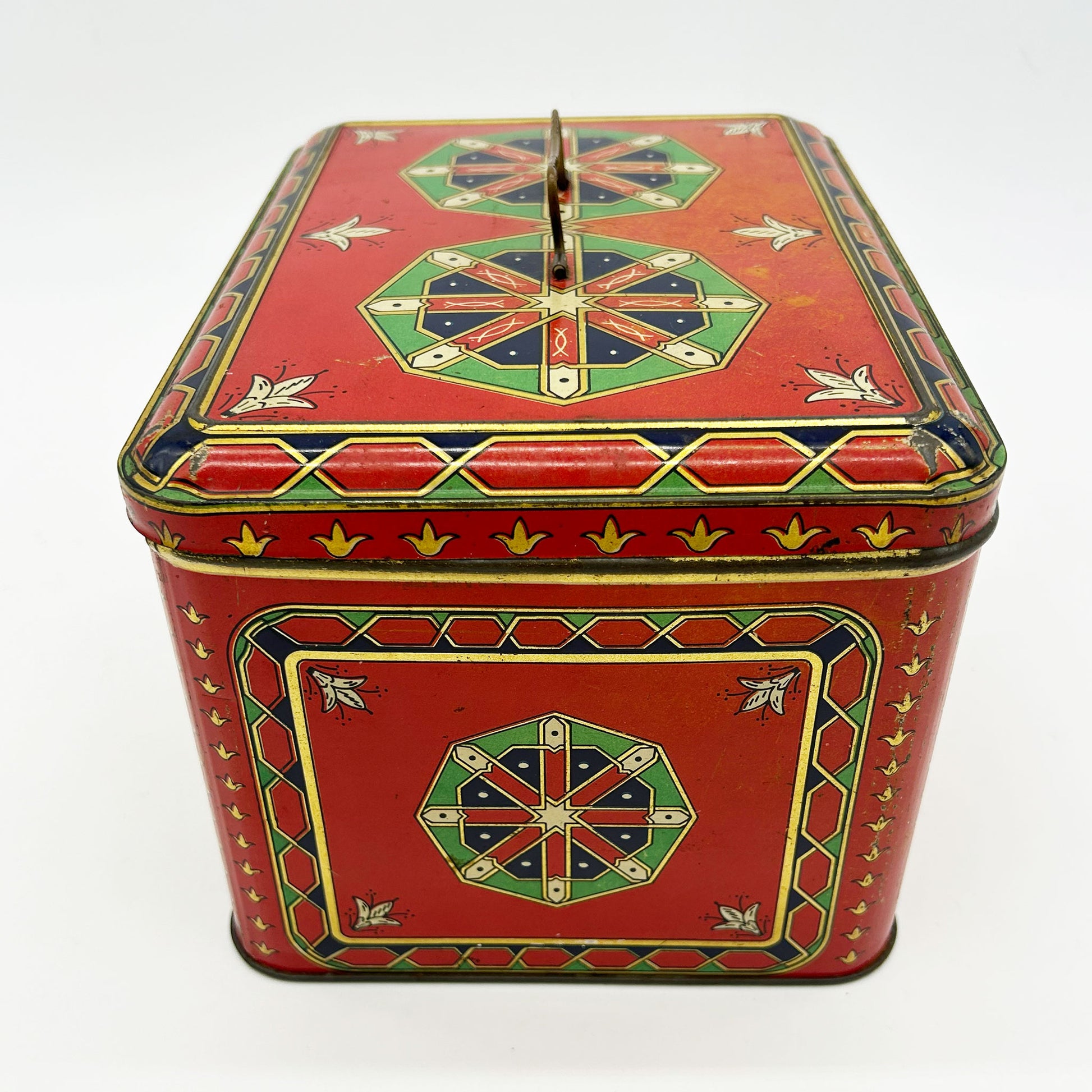 side view of Belgian Art Deco Biscuit Tin